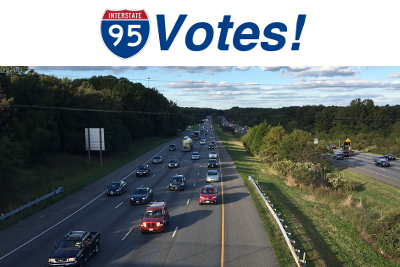 Cars on I95 driving toward Washington DC as seen from the Gorman Road Overpass, Laurel, Maryland, USA.